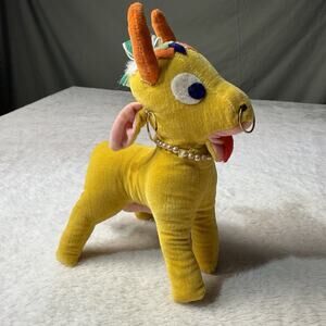 Vtg 50s Sawdust Cow Bull Japan Kitschy Velveteen Plush Yellow Nose Ring Pearl